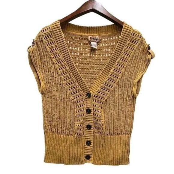 Mudd Womens Chunky Open Knit Cardigan Sweater Sz L Yellow Boho Short Sleeve - Picture 2 of 7
